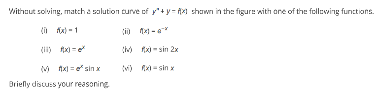 Without solving, match a solution curve of y'' + y = f(x) shown in the figur | Doubtlet.com