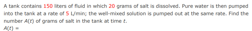 A tank contains 150 liters of fluid in which 20 grams of salt is dissolved.  | Doubtlet.com