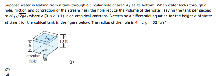 Suppose water is leaking from a tank through a circular hole of area a_h at  | Doubtlet.com